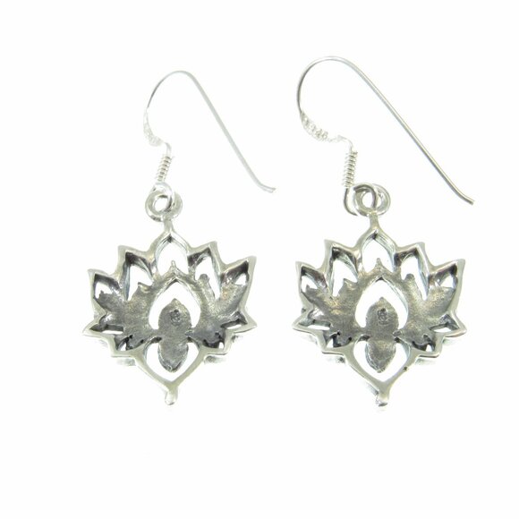Solid 925 Sterling Silver Lotus Flower Egyptian Bean Drop Dangle Hook Earrings - Picture 9 of 9